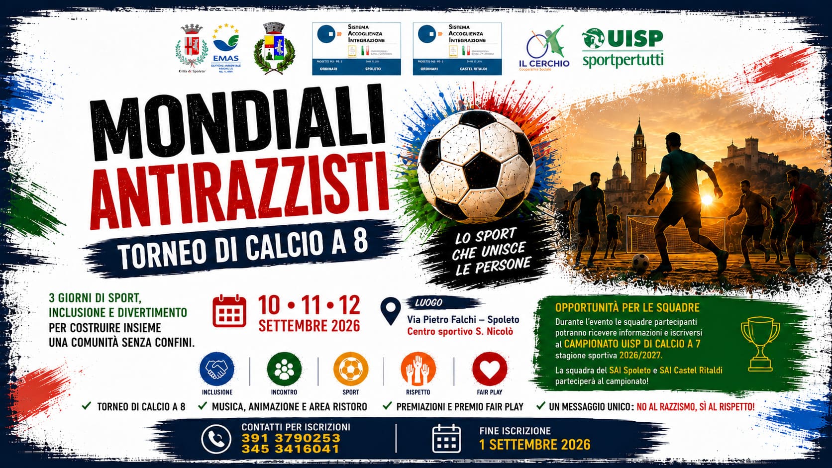 Mondiali Antirazzisti: a Spoleto tre giorni di sport, inclusione e incontro